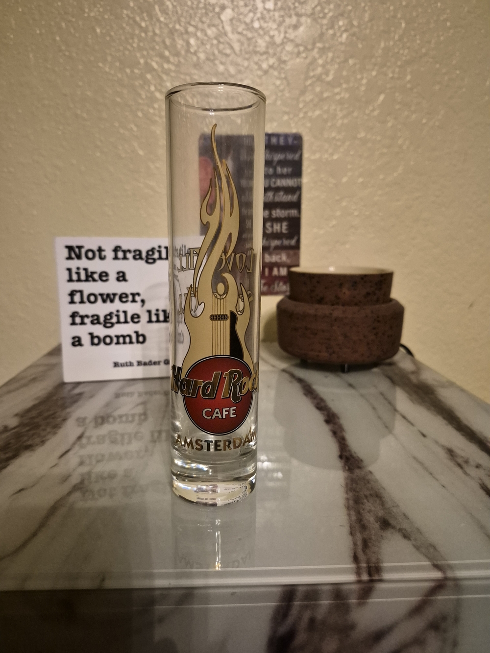 Hard Rock Cafe Amsterdam Tall Shot Glass - Gold Guitar Logo